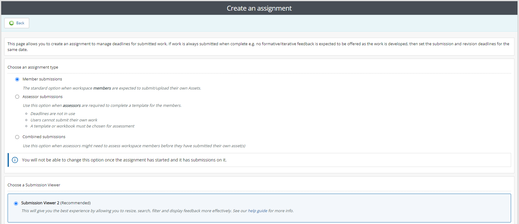 The create assignments page, showing options to choose assignment type and submission viewer version.